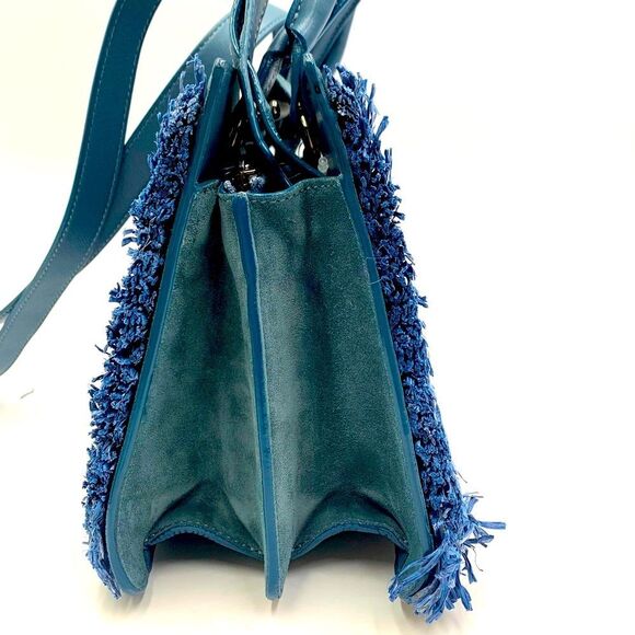 Auth Jimmy Choo Rebel Tote Raffia Suede Blue Dusk Front Clasp Handbag Preloved - Picture 12 of 14